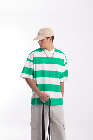Flaw Atelier Yeşil Çizgili Oversize Tshirt